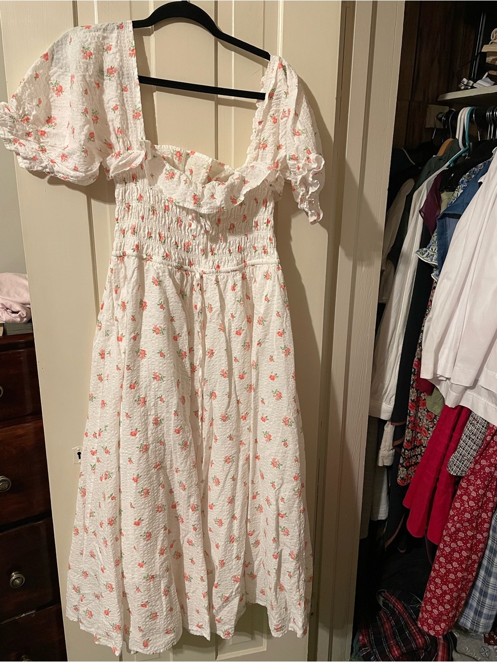 R Vivimos Large White Floral Puff Sleeve Midi Dress - Pink Rose Print
